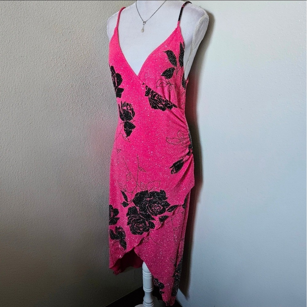 Hourglass Pink Glitter Rose Floral Wrap Midi Dress Y2K Hot Pink Sparkly